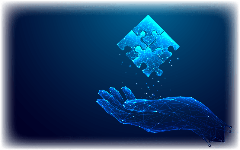Hand holding a glowing puzzle piece, symbolizing collaboration, connection, and partnership fit