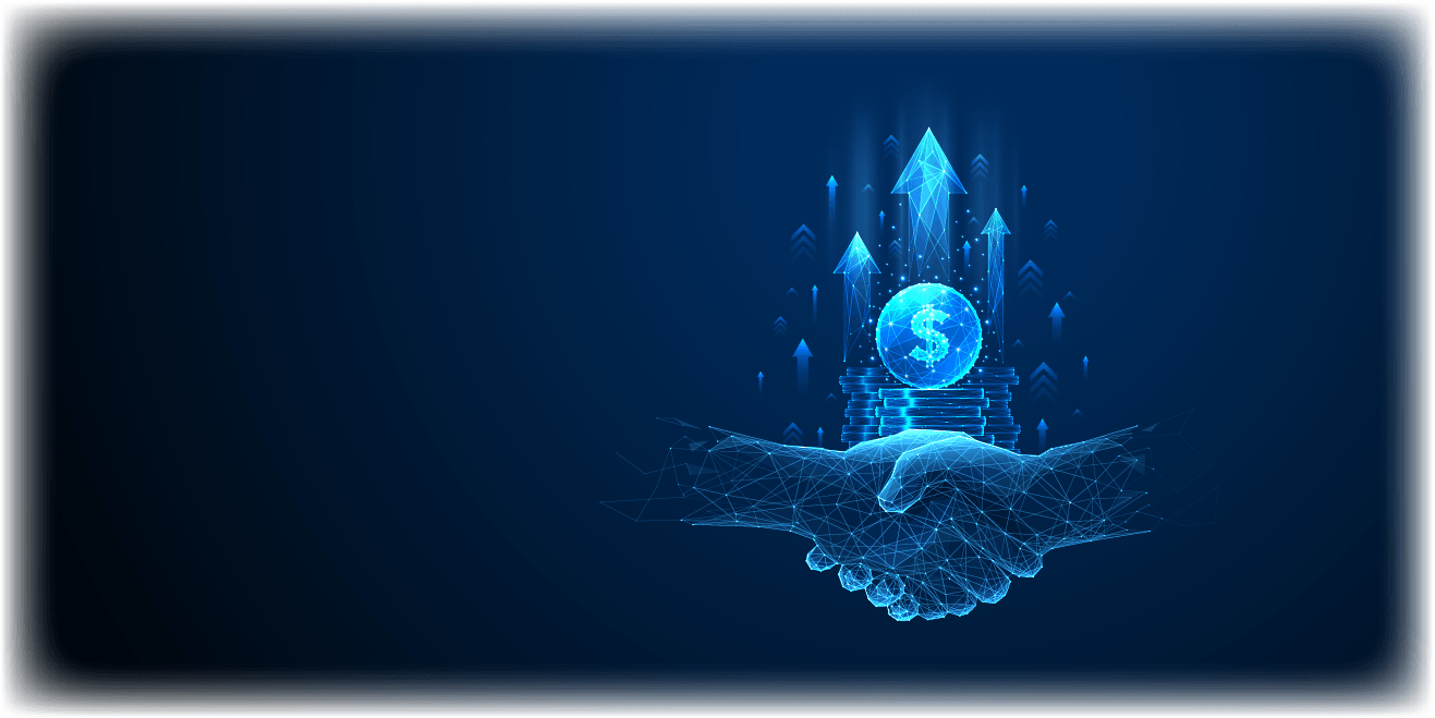 Digital hand supporting upward arrows, representing shared growth, progress, and business success through partnership.