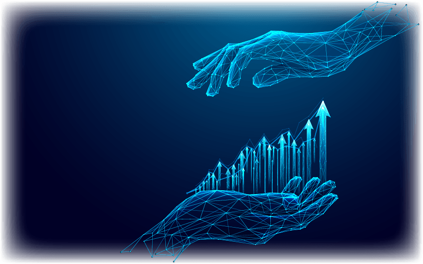 Digital hand lifting upward arrows, representing shared growth, progress, and business success.
