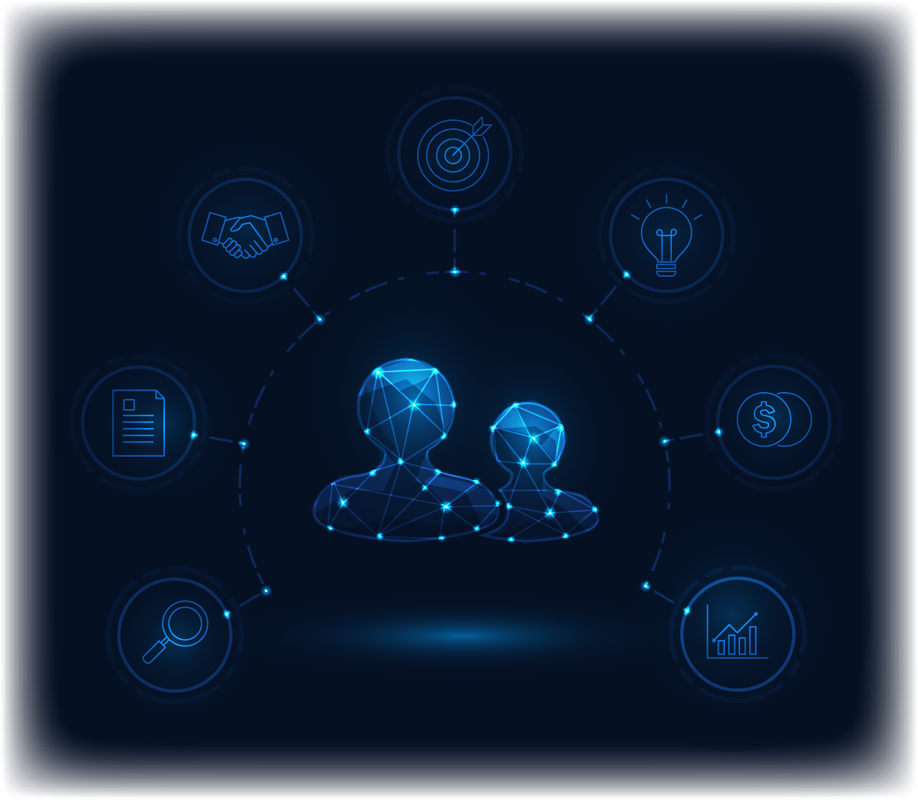 Digital network of people linked to icons for goals, innovation, growth, and insights, symbolizing VigilantIoE’s people-first, empowering approach.