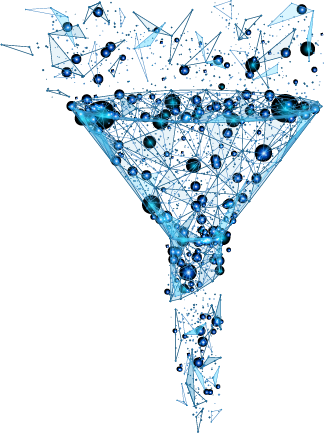 Polygonal network forming a funnel shape, representing data flow, integration, and streamlined processes