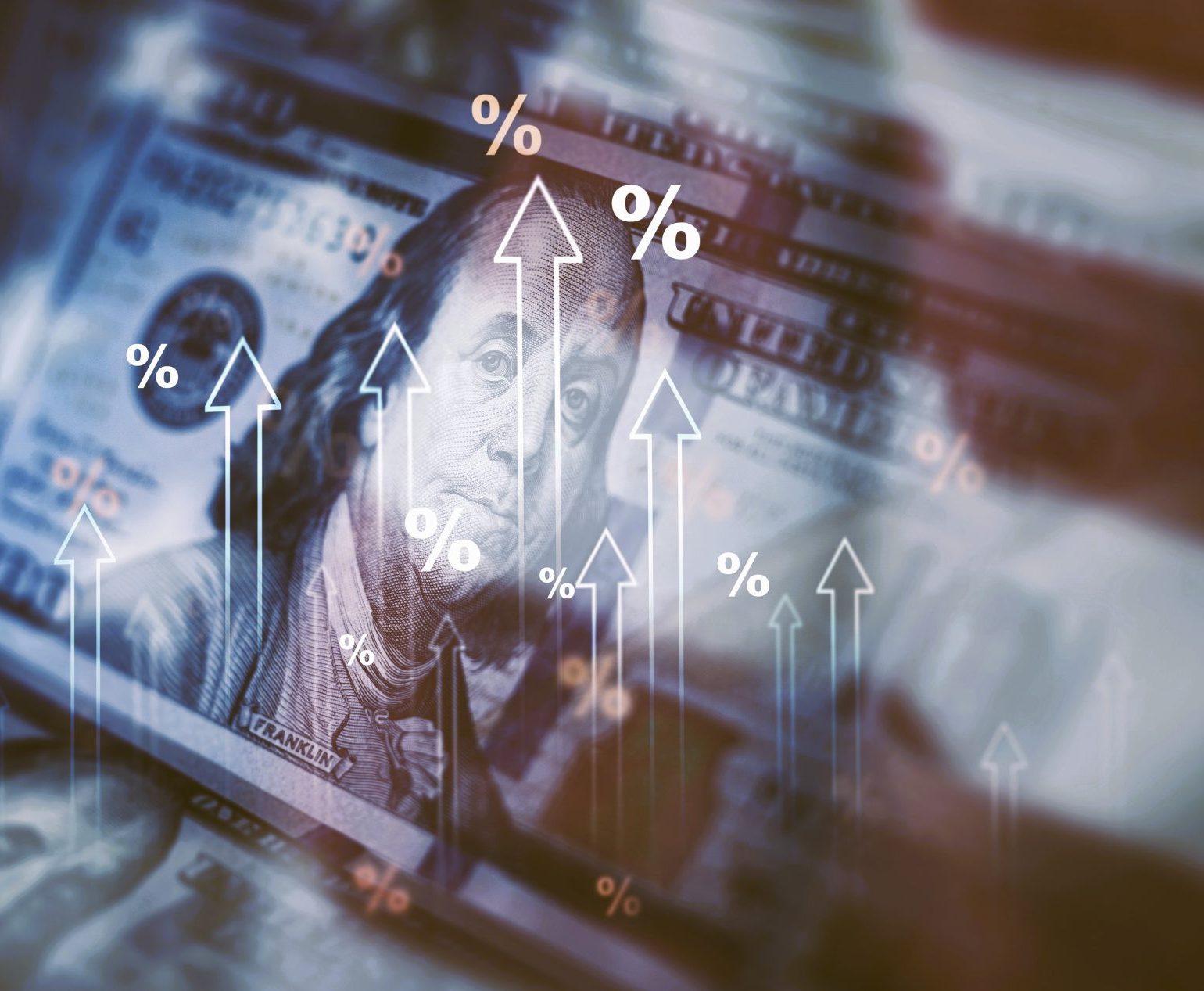 U.S. currency background with upward arrows and percentage symbols, representing VigilantIoE’s support for financial services through secure, insight-driven technology solutions.