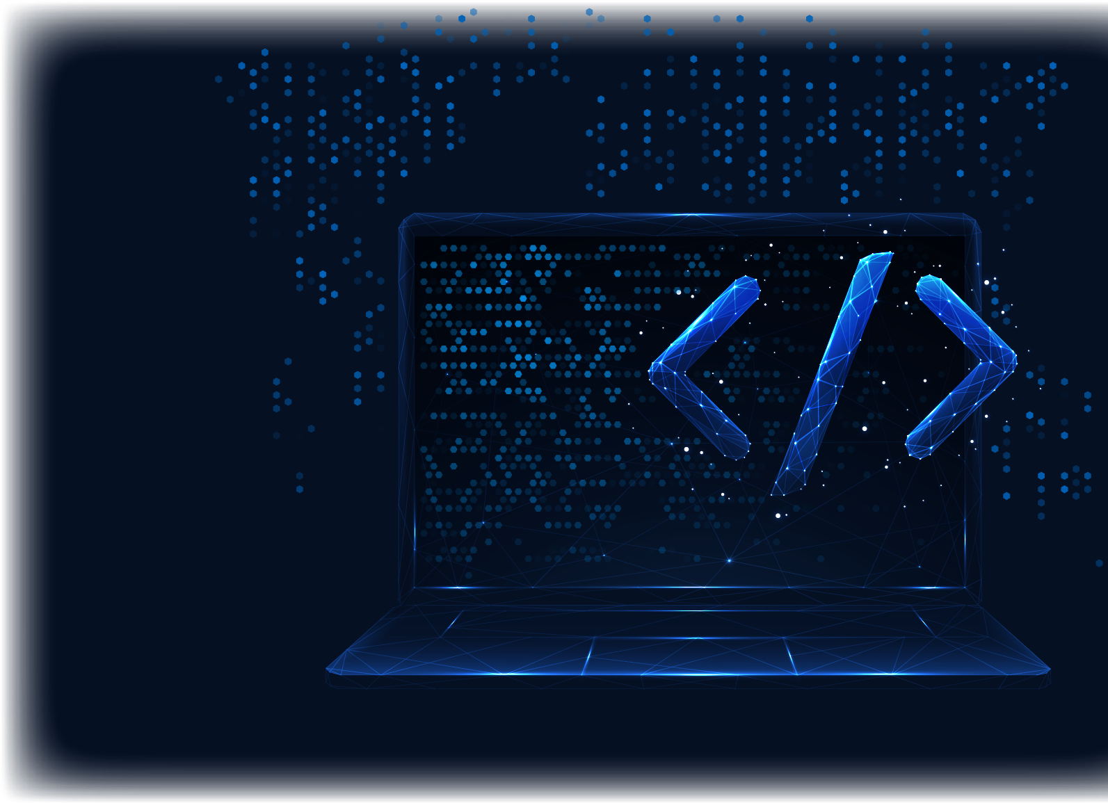 Laptop with a coding symbol on the foreground to symbolize custom development
